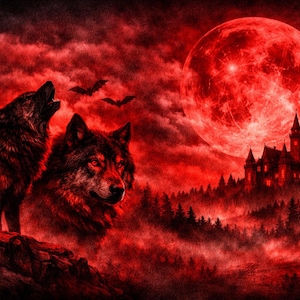May include: A digital illustration featuring two wolves in the foreground, one howling and one looking forward, set against a dark red landscape. A large red moon hangs in the sky above a castle nestled in a forest with two bats flying nearby.
