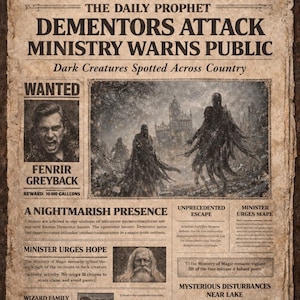 Op de afbeelding: Verouderde krant, "The Daily Prophet", met de kop "Dementors Attack". Bevat illustraties van duistere wezens en een "Gezocht"-poster voor Fenrir Greyback. De tekst geeft waarschuwingen en roept op tot waakzaamheid.