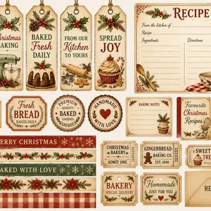 Op de afbeelding: Een verzameling kerstbaklabels, labels en receptenkaarten in vintage-stijl met illustraties van peperkoekmannetjes, cupcakes, hulst en keukengerei. De ontwerpen bevatten teksten zoals Made With Love, Recipe en Merry Christmas in rood en groen.