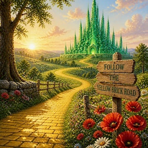 Puede incluir: Una vibrante ilustración del Camino de Ladrillos Amarillos que conduce a la Ciudad Esmeralda. Un letrero de madera dice "Follow the Yellow Brick Road". Amapolas rojas y margaritas bordean el camino. El cielo es una cálida mezcla de naranja y azul.