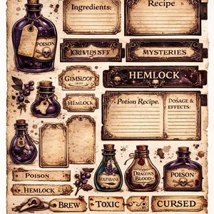 May include: A vintage-style poster with the word "POTIONS" at the top. It features various potion bottles with labels like "POISON," "WOLFSBANE," and "DRAGON'S BLOOD." There are also recipe and ingredient labels, and the words "BREW," "TOXIC," and "CURSED."