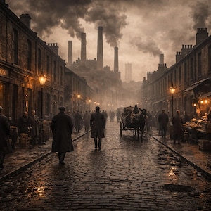 May include: An atmospheric street scene with cobblestone pavement, lined with brick buildings and gas lamps. The image depicts a historical era, with figures in long coats and a horse-drawn carriage. The sky is filled with smoke from industrial chimneys.
