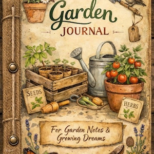 May include: A decorative garden journal with a rustic design. The cover features illustrations of gardening tools, plants, and the text "The Garden Journal" and "For Garden Notes & Growing Dreams". The journal is bound with a burlap spine and metal accents.