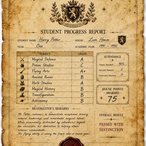 May include: A parchment-style student progress report from The Royal Academy of Magic & Enchantment for Harry Potter. The document features a lion crest, a list of subjects with grades, attendance records, house points, and a red wax seal at the bottom.