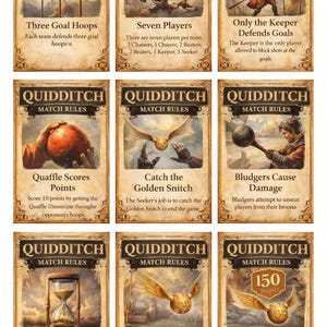 Könnte beinhalten: Neun illustrierte Karten mit Quidditch-Spielregeln. Jede Karte erklärt eine Regel, darunter "Drei Torringe" und "Den Goldenen Schnatz fangen". Die Karten haben ein Vintage-Design mit einem pergamentartigen Hintergrund und dekorativen Rändern.