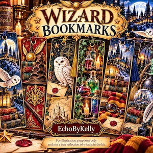 May include: A set of six rectangular bookmarks featuring fantasy illustrations of castles, white owls, potion bottles, and magical artifacts. The top header displays the text WIZARD BOOKMARKS, and the bottom center includes the text EchoByKelly.