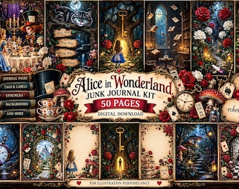 May include: A digital junk journal kit featuring Alice in Wonderland imagery, including 50 pages with scenes of Alice, the Mad Hatter, roses, clocks, keys, and playing cards. The text reads Alice in Wonderland Junk Journal Kit 50 Pages.