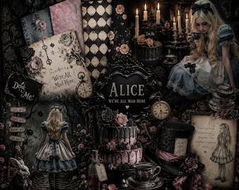 May include: A digital collage featuring Alice in Wonderland imagery, including a blonde character in a blue dress, a top hat, a tiered cake, pocket watches, roses, and text reading "We're All Mad Here," "Drink Me," "Eat Me," and "In this style 10/6."