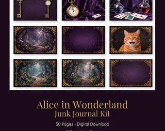 Könnte beinhalten: Alice im Wunderland Junk Journal Kit als digitaler Download mit 50 Seiten, die Bilder von Pilzen, Teesets, Taschenuhren, Schlüsseln, Zaubertrankflaschen, Spielkarten und einer Katze zeigen, gerahmt in verzierten Goldrändern auf tiefviolettem Grund.