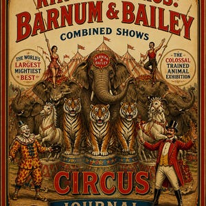 May include: Vintage circus poster for Ringling Bros. Barnum & Bailey Combined Shows. The poster features elephants, tigers, horses, and circus performers. Text includes "The Greatest Show on Earth" and "Circus Journal."