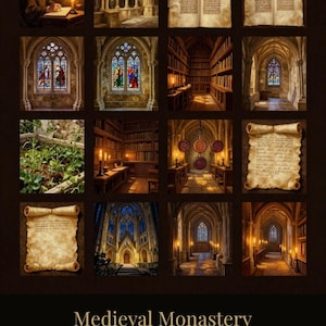 May include: A collection of sixteen square images featuring medieval monastery scenes, illuminated manuscripts, stained glass windows, library interiors, and parchment scrolls. The text at the bottom reads: Medieval Monastery & Illuminated Manuscripts, 50 Pages - Digital Download, Scene Pages | Backing Papers | Ephemera | Tuck Spots | Tags | Bookmarks.