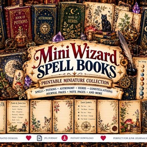 以下が含まれることがあります： 「Book of Spells」、「Potions」、「Astronomy」、「Herbs」、「Moon Phases」などのタイトルが記された、印刷可能なミニチュア呪文の本のコレクション。イラスト入りのジャーナルページ、星座チャート、植物や天体のモチーフが描かれたタロットシンボルが含まれています。