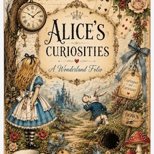 Puede incluir: Una lámina decorativa titulada Alice's Curiosities A Wonderland Folio que muestra a una niña con vestido azul, un conejo blanco con reloj de bolsillo, un castillo, naipes, rosas rojas, una taza de té y etiquetas con Drink Me y Curiouser and Curiouser.