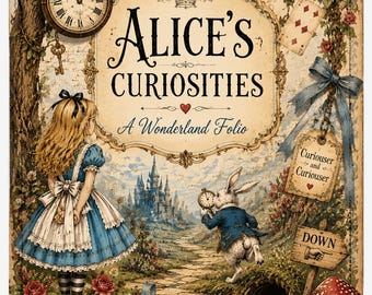 Könnte beinhalten: Ein dekorativer Druck mit dem Titel Alice's Curiosities A Wonderland Folio, der ein Mädchen im blauen Kleid, ein weißes Kaninchen mit Taschenuhr, ein Schloss, Spielkarten, rote Rosen, eine Teetasse sowie Schilder mit Drink Me und Curiouser and Curiouser zeigt.