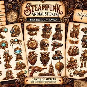 Pegatinas de animales estilo Steampunk: Objetos efímeros de relojería, corazón mecánico, viaje en dirigible (descarga digital)