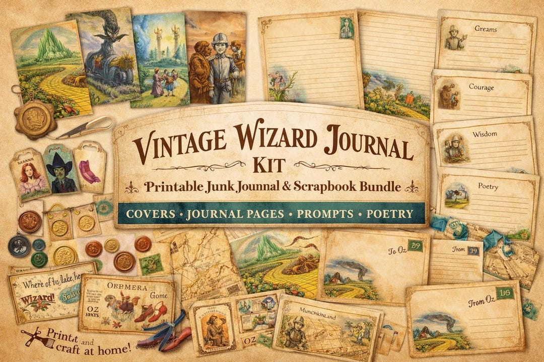 Vintage Wizard Junk Journal Kit: Printable Scrapbook Pages, Prompts ...