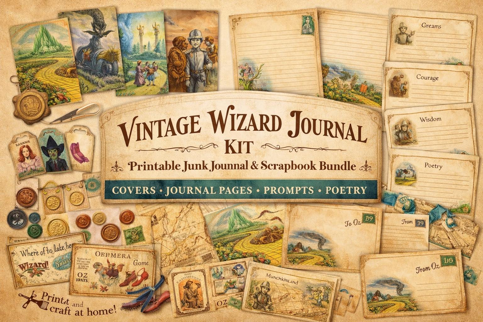Vintage Wizard Junk Journal Kit: Printable Scrapbook Pages, Prompts ...