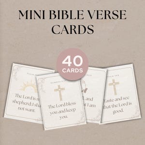 May include: A collection of 40 mini Bible verse cards with a beige backdrop. Each card displays a different Bible verse and a decorative border. The cards have a minimalist design with a cross and sun graphic. The text "MINI BIBLE VERSE CARDS" is at the top.