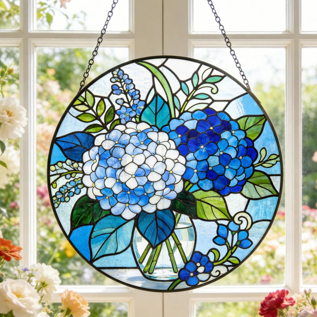 Hydrangea Window Display Hydrangea Suncatcher Blue Floral Stained Glass Wildflowers Window ...