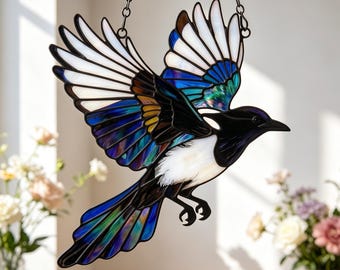 Atrapasueños de urraca pintado a mano, vidriera/acrílico, pájaro natural volando, adorno colgante para ventana, 2D, para jardín, regalo