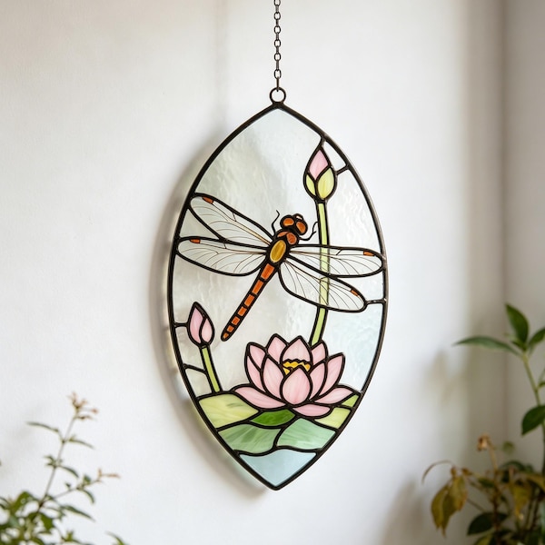 Handbemalte Libelle Suncatcher Glasmalerei / Acryl Lotus Schmetterling Fensterbehang 2D Gartenverzierung Geschenk