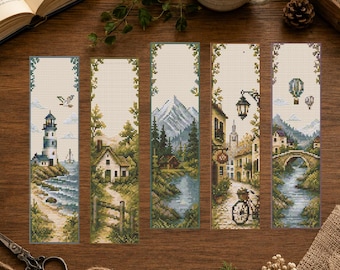 Scenic Landscape Cross Stitch Bookmarks, Cottage, Lighthouse, Mountains, European Street (PDF Bundle)