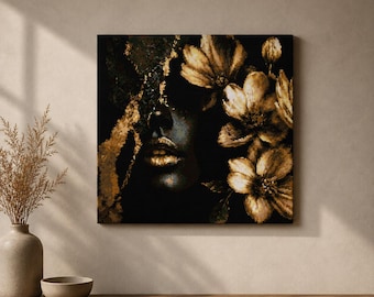Patrón de punto de cruz de mujer floral dorada de lujo, arte mural moderno, retrato elegante de magnolia en PDF