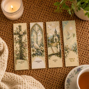 May include: Four embroidered bookmarks with religious imagery. Designs include a cross, a dove, a church, and a dove with an olive branch. Each bookmark has a Bible verse. The colors are beige and cream.