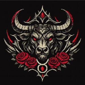 May include: A detailed illustration of a bull's head with large horns, red eyes, and a decorative crown. The design incorporates red roses and a zodiac symbol, set against a black background.