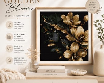 Patrón de punto de cruz de magnolia en flor dorada, arte botánico floral para bordado (patrón en PDF)