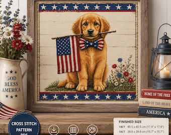 Patrón de punto de cruz de Golden Retriever patriótico, diseño de bordado de perro estilo americano (descarga en PDF)