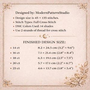 Może przedstawiać: Beżowy schemat haftu krzyżykowego od ModernPatternStudio. Rozmiar wzoru to 45 x 135 ścieg&oacute;w, z pełnym ściegiem krzyżykowym z 14 kolorami DMC. Gotowe rozmiary wzoru są wymienione w cm i calach dla r&oacute;żnych licznik&oacute;w, w tym 14, 16, 18, 20 i 25 ct.