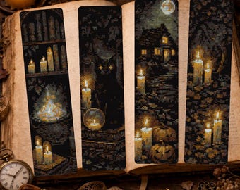 Conjunto de patrones de marcapáginas de punto de cruz gótico, Biblioteca a la luz de las velas, Academia oscura y mística, Gato negro (PDF)