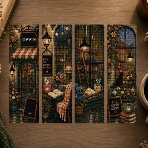 Könnte beinhalten: Vier Lesezeichen mit detaillierten Illustrationen von Buchladen-Szenen. Jedes Lesezeichen zeigt eine andere Ansicht, darunter ein Geschäft mit dem Schild "OPEN", eine Leseecke und eine Katze am Fenster. Die Texte "READ SIP DREAM REPEAT" und "THE BOOK NOOK" sind sichtbar.