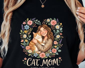 Cat Mama Custom T-Shirt, Flower Cat Mom Graphic, S-3XL
