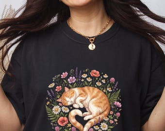 Floral Cat Mom Shirt, Cozy Cat Lover Tee, Retro 90s Style, Ring-Spun Cotton