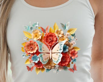 Custom Spring Flowers Shirt, Personalized  Butterfly Graphic Design, Size: S-3XL