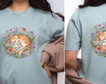 Cat Mom Floral Graphic Tee, 100% Cotton Retro Style Shirt, Size:S-3XL