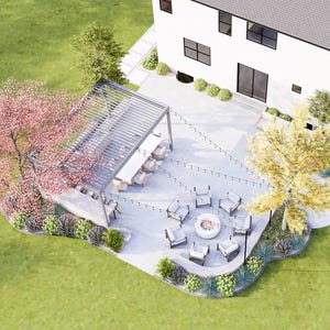 May include: An aerial view of a backyard patio featuring a white house, a gray pergola covering a dining table, and a circular fire pit surrounded by six chairs. String lights are draped across the space, with landscaping and trees nearby.
