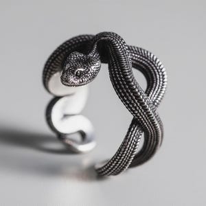 May include: A silver snake ring. The ring has a detailed snake design, with the snake's body wrapping around the finger. The snake's head is at the top, with detailed scales and eyes. The ring is made of a shiny metal.