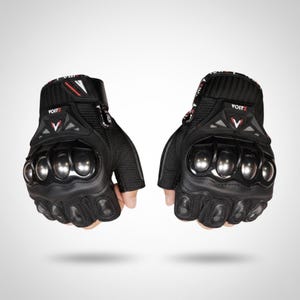 May include: Pair of black motorcycle gloves with silver knuckle protectors. The gloves have a short finger design, with the brand name "VOITZ" visible on the cuff. The gloves are designed for protection and grip.