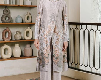 Women's Batik Tunic and Culottes Set Alana Beige - Modern Indonesian 2-Piece Matching Set - Modest Ethnic Outfit for Summer, Eid or Party