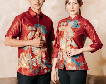 Jinara Red Couple Set - Matching Indonesian Batik Men's Slim Fit Shirt & Women's Janggan Blouse - Luxury Gold Foil Lined Batik for Wedding
