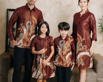 Matching Family Batik Set Adhiwangsa Maroon - Premium Men's Shirt & Women's Dress - Indonesian Couple Batik Outfit for Wedding Events