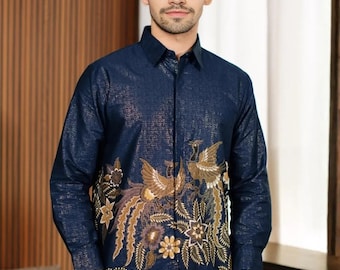Men's Kalyna Navy Blue Batik Shirt - Premium Lined Long Sleeve Cotton Foil Shirt - Luxury Indonesian Navy Floral Batik for Wedding & Formal
