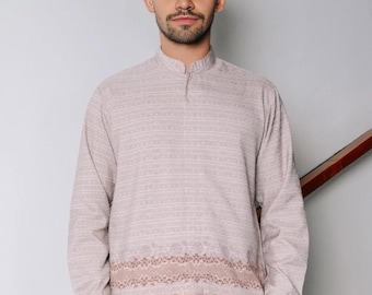 Herrskjorta i mauve-rosa batik, koko, Kanaya-serien - Premium indonesisk etnisk långärmad topp med innerfoder - Lyxig muslimsk dräkt för Eid