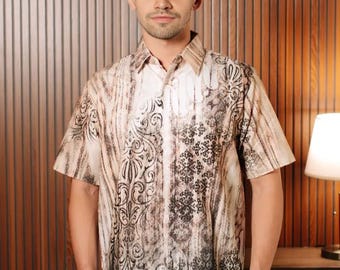 Men's Adira Brown Batik Shirt - Premium Lined Short Sleeve Cotton Digital Print Top - Luxury Indonesian Brown Ethnic Shirt for Work & Event