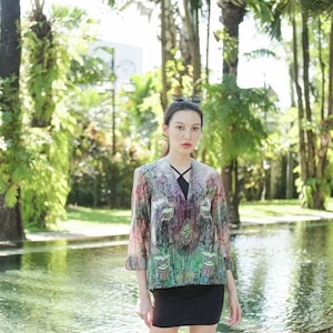 Women's Agnia Purple Batik Outer - Premium Indonesian Cotton Modern Open Front Cardigan - Digital Print Purple Floral Ethnic Kimono Jacket