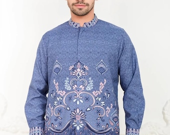 Men's Akasya Blue Batik Koko Shirt - Premium Indonesian Long Sleeve Regular Fit Lined Shirt - Elegant Mandarin Collar Batik for Wedding