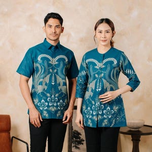 Puede incluir: Camisas y blusas batik color turquesa a juego con un diseño floral y de pájaros. La camisa de manga corta tiene cuello abotonado, mientras que la blusa tiene cuello redondo y mangas tres cuartos. Ambas prendas presentan un patrón detallado en blanco y gris.